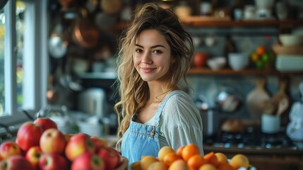 Fototapeta na wymiar Fresh Start: Young Woman Smiling in a Sunny Kitchen Surrounded by Fruit. Young Woman in Kitchen with Fruits
