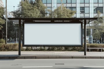 Large empty commercial banner mounted on urban bus stop. Generative AI.
