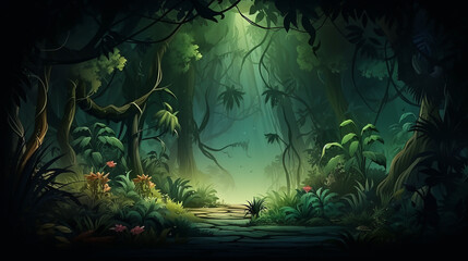 Fototapeta na wymiar horizontal seamless background of landscape with deep jungle forest. Illustration for game