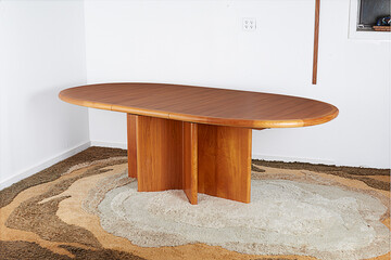 Vintage round table with unique star base. Mid-Century Modern teak furniture. Home interior...