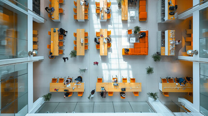 Modern Corporate Cafeteria from Above,A top-down view of a contemporary corporate cafeteria with orange accents, where employees are dining and conversing during a break.
