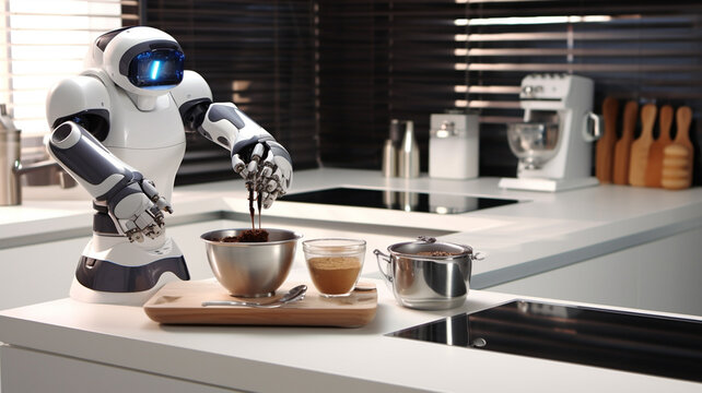 Robot with cup of coffee in modern kitchen. 3d rendering generativa IA