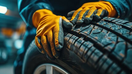 Hands of an auto mechanic worker with car tire using vulcanizing tool - obrazy, fototapety, plakaty
