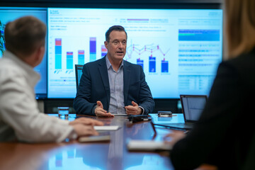 Obraz premium CEO Presenting Financial Growth to Colleagues ,A CEO confidently presents financial growth charts and data to attentive colleagues during a strategic corporate meeting in the boardroom. 