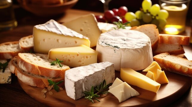 Closeup of a wooden platter filled to the brim with assorted local cheeses and sliced baguette.
