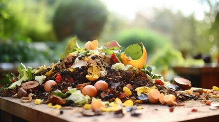 Closeup of a ting board with neatly arranged food ss ready for composting. - obrazy, fototapety, plakaty