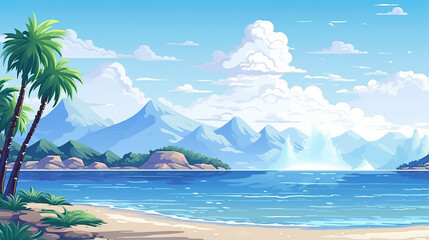 pixel art landscape with summer ocean beach 8 bit city park - obrazy, fototapety, plakaty