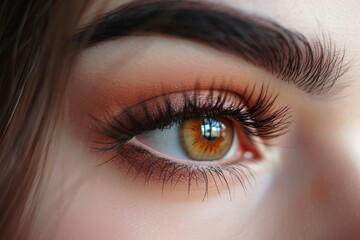 Obraz premium A closeup view on the eye of a beautiful young woman. A slight dark circle can be seen beneath the eye. Details of girl with brown iris.