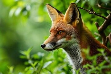 Fototapeta premium Red Fox, Vulpes vulpes, close up portrait with bokeh of pine trees in the background. Making eye contact.