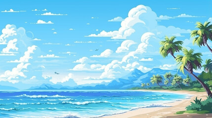 pixel art landscape scene with beautiful summer ocean beach