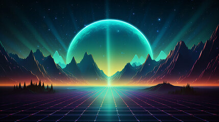 retro sci fi background futuristic landscape of the 80s. Digital Cyber Surface. 3D illustration.