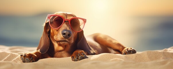 Funny dog wearing red sunglasses laying in the sand at the beach sea on vacation. Sunny ocean shore. Summer holiday by the sea