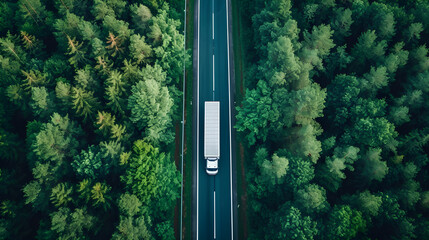 Aerial Top View of Car and Truck Driving on Highway Road in Green Forest. Sustainable Transport. Drone View of Hydrogen Energy Truck and Electric Vehicle Driving on Asphalt Road Through Green Forest
