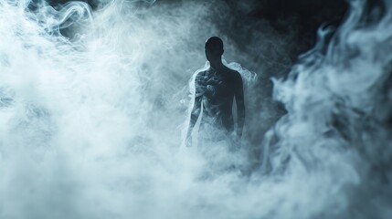Silhouette of a Person Emerging from Dense, Swirling Smoke in a Dark, Mysterious Atmosphere