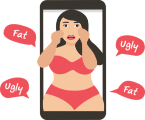 Cyber bullying concept, fat woman depressed with bullying words, hate speech from online social media 