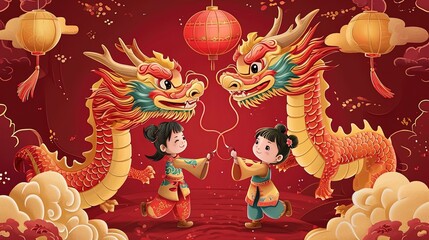 Fototapeta premium Girl and Dragon Chinese New Year