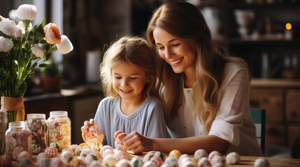 happy mother and kid painting easter eggs on kitchen at home. - obrazy, fototapety, plakaty