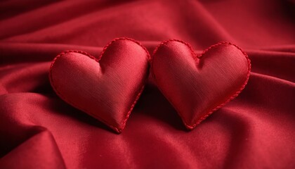 Two handmade knitted hearts in red color on red silk - concept for Mother's Day, Valentine's Day, Birthday
