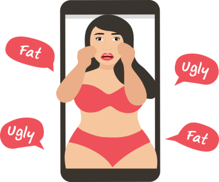 Cyber bullying concept, fat woman depressed with bullying words, hate speech from online social media 