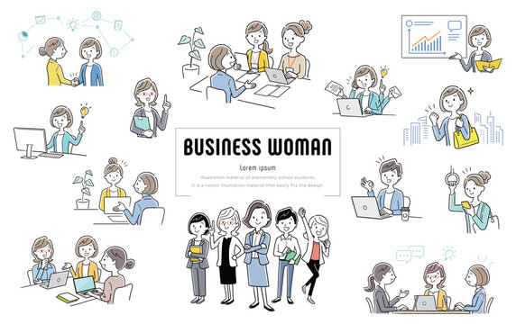 ベクターイラスト素材：いきいきと楽しく働く女性ビジネス人物セット
