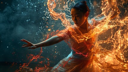 Naklejka premium Ethereal Dance: A Dancer Engulfed in a Dynamic Interplay of Fire and Water Elements