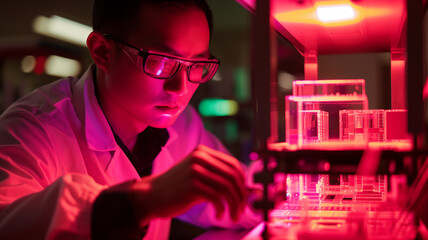 portrait of a person in a science lab with glasses