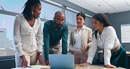 Business people, computer and teamwork with planning, problem solving and ideas for social media management. Creative agency or group of women and man talking and brainstorming on a laptop in meeting