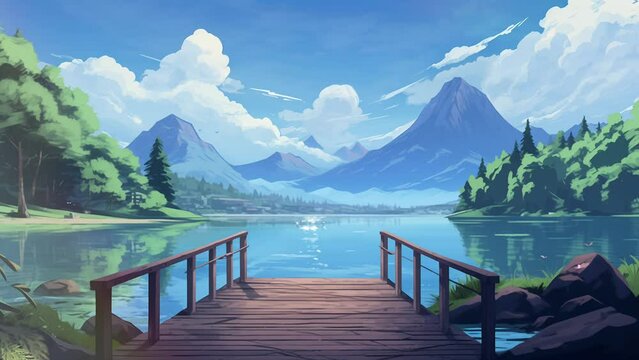 Animated illustration of a wooden bridge on a lake, with natural mountain views. illustration of a lake view which is suitable for a comfortable atmosphere. Animated background.
