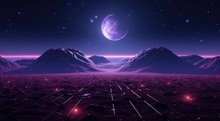 Futuristic purple neon light landscape background mixed with retro in classic colors.