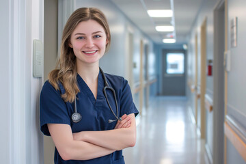 Smiling nurse in scrubs standing in hospital hallway
