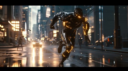 Metallic Glowing Figure Sprinting Through Illuminated City Street at Night