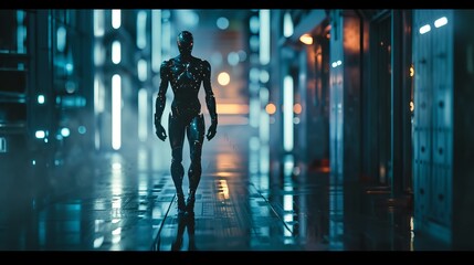 Fototapeta premium Futuristic Robot Walking in Illuminated Corridor with Reflective Surface and Ambient Lighting
