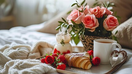 Obraz na płótnie Canvas Valentine Tray with Breakfast and Bouquet Flower Roses