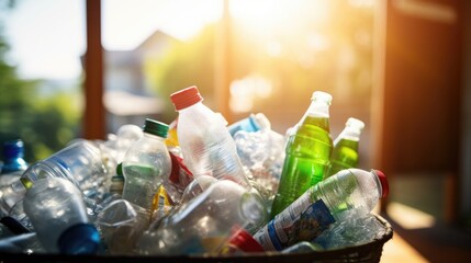 Closeup of a household recycling bin overflowing with plastic bottles and cardboard packaging. - obrazy, fototapety, plakaty