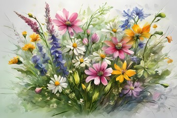 Bouquet of colorful wildflowers on gray background. Watercolor art. Greeting card for Valentine's Day, birthday, wedding, anniversary or Mother's Day	
