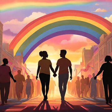 people on rainbow background