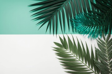 Summer garden concept. Top view flat lay of green palm leaves on divided white teal background with copyspace for text or advert, Generative AI 