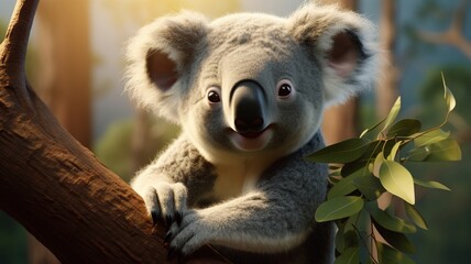 Obraz premium Curious Koala Bear Emerging from Eucalyptus Hideaway - AI-Generative