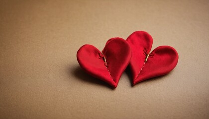 Obraz premium Two handmade knitted hearts in red color on a clean isolated background - concept for Mother's Day, Valentine's Day, Birthday