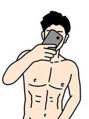 Fototapeta premium cartoon man taking selfie on white background