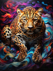Leopard on a multicolored background of flowers. Digital painting. Created using generative AI tools