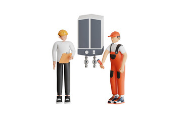 3d illustration of professional engineer repairing boiler. boiler maintenance 3d illustration