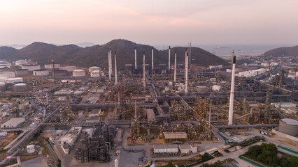 Oil Refinery Gas Chemical Equipment Prodiction import export Concept, Crude Oil Refinery Plant Steel Pump Pipe line and Chimney and Cooling tower, Chemical or Petrochemical Factory plant, industry