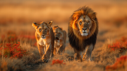 Majestic Lion Leads His Pride at Dawn Through the Whispering Savannah Grass.