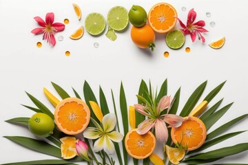 Vibrant summer fruit and flower concept. Top view flat lay of alstroemeria blooms with citrus slices and palm leaves on white background with space for text or, Generative AI 