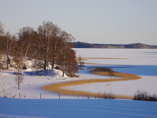 Scenic view of lake against clear sky during winter