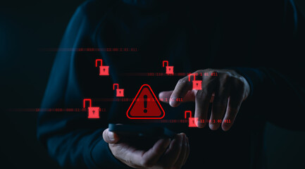 Cyberattack cybercrime hacker smartphone. Internet web hack technology. Digital mobile phone in...