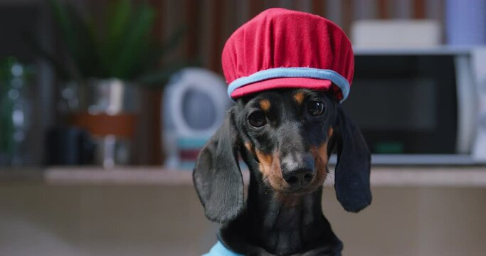 Portrait of cartoon character dachshund dog in red cap, blue plumber uniform at a costume party cosplay standing in kitchen looking at the food licking his lips Cute puppy imitates a video game hero