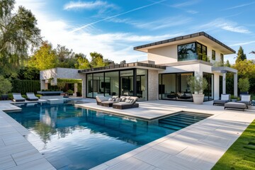 A modern house exterior with a minimalist design, featuring an expansive backyard with a pool and lounge area. Soft daylight accentuates the sleek architectural details and inviting outdoor spaces.