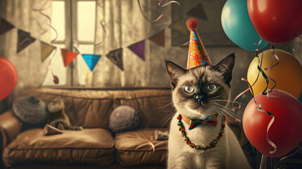 Kitten with party supplies.